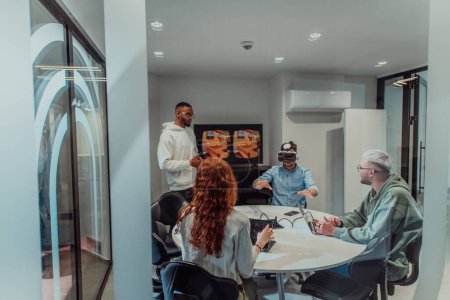 A diverse group of businessmen collaborates and tests a new virtual reality technology, wearing virtual glasses, showcasing innovation and creativity in their futuristic workspace. 