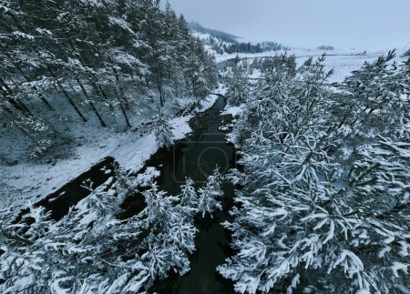 Foto de Increíble vista aérea cinematográfica en Freezing River. Vuelo de vista aérea sobre Frozen Creek Vista panorámica de la naturaleza. Vacaciones nevadas de invierno Tiempo de vacaciones - Imagen libre de derechos