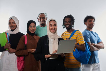 Photo for Group of diverse students engages in modern educational practices, utilizing a variety of technological tools such as laptops, tablets, and smartphones against a clean white background, exemplifying - Royalty Free Image
