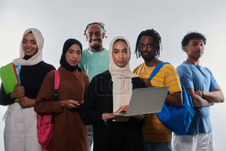 Photo for Group of diverse students engages in modern educational practices, utilizing a variety of technological tools such as laptops, tablets, and smartphones against a clean white background, exemplifying - Royalty Free Image