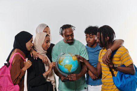 Photo for A diverse group of students is gathered around a globe, engrossed in exploration and study, their vibrant energy captured against a pristine white background, symbolizing unity and curiosity in their - Royalty Free Image