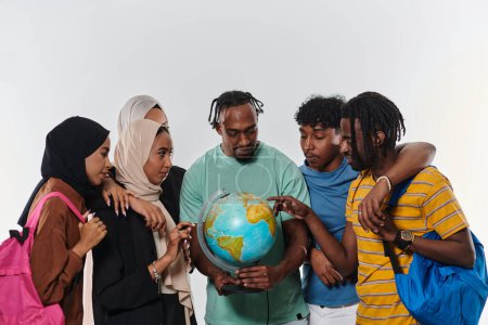 Photo for A diverse group of students is gathered around a globe, engrossed in exploration and study, their vibrant energy captured against a pristine white background, symbolizing unity and curiosity in their - Royalty Free Image