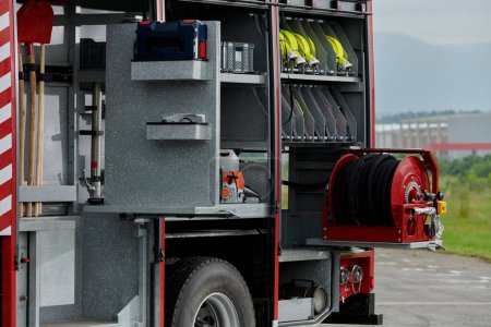 Photo for In this detailed close-up, a high-tech rescue tool, meticulously organized within state-of-the-art firefighting vehicles, showcases precision and innovation in life-saving equipment, emphasizing the - Royalty Free Image