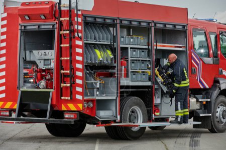 Photo for A firefighter meticulously prepares a modern firetruck for a mission to evacuate and respond to dangerous situations, showcasing the utmost dedication to safety and readiness in the face of a fire - Royalty Free Image