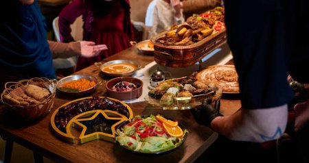 In this captivating aerial view, delicious food adorned with Ramadan decorations, including dates and meat, awaits the arrival of an European Islamic family, promising a festive and flavorful iftar