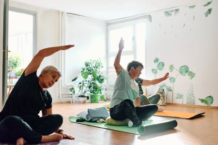 Photo for A group of senior women engage in various yoga exercises, including neck, back, and leg stretches, under the guidance of a trainer in a sunlit space, promoting well-being and harmony. - Royalty Free Image