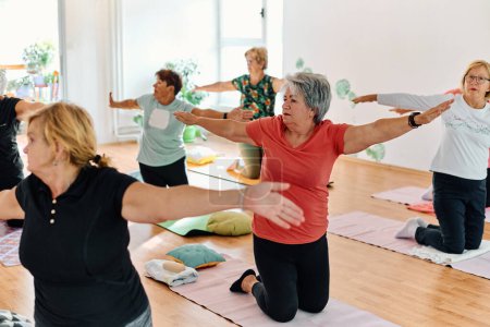 Téléchargez les photos : Un groupe de femmes âgées se livrent à divers exercices de yoga, y compris le cou, le dos et les jambes, sous la direction d'un entraîneur dans un espace ensoleillé, favorisant le bien-être et l'harmonie. - en image libre de droit