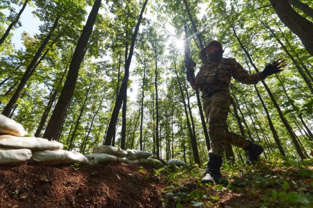 Téléchargez les photos : Un soldat d'élite franchit habilement les barrières militaires sur un terrain boisé périlleux, faisant preuve d'habileté tactique et d'agilité lors d'un entraînement spécialisé. - en image libre de droit