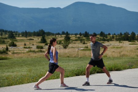 Exercise, mockup and couple workout and stretch together outdoors in nature by a mountain for health, wellness and fitness. People, partners and athletes training and keeping fit and heathy. 