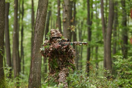 A highly skilled elite sniper, camouflaged in the dense forest, stealthily maneuvers through dangerous woodland terrain on a covert and precise mission. 