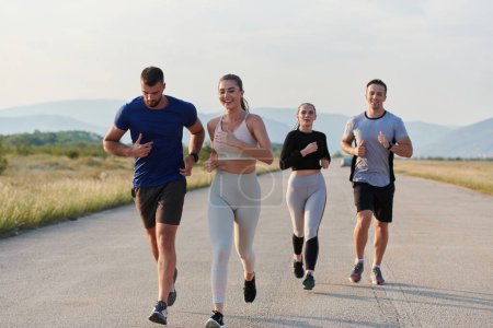 Foto de Un grupo de amigos mantiene un estilo de vida saludable al correr al aire libre en un día soleado, vinculándose con el fitness y disfrutando de los efectos energizantes del ejercicio y la naturaleza.. - Imagen libre de derechos