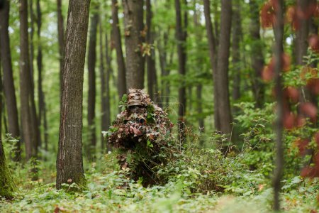 Téléchargez les photos : Un tireur d'élite hautement qualifié, camouflé dans la forêt dense, manœuvre furtivement à travers un terrain boisé dangereux sur une mission secrète et précise. - en image libre de droit