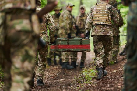 Elite military unit, cloaked in camouflage, transports a crate of ammunition through the dense forest, epitomizing strategic readiness and precision in their covert mission. 