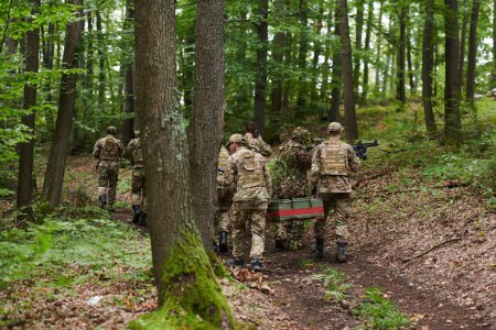 Elite military unit, cloaked in camouflage, transports a crate of ammunition through the dense forest, epitomizing strategic readiness and precision in their covert mission. 