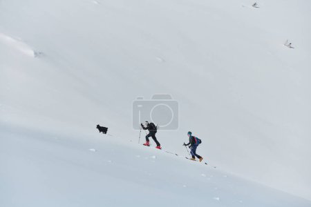Foto de Un grupo de esquiadores profesionales asciende a un peligroso pico nevado utilizando equipos de última generación. - Imagen libre de derechos