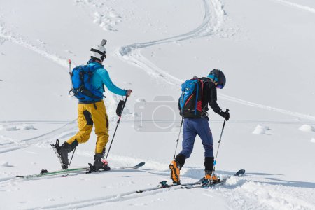 Photo for In a display of unwavering teamwork and determination, two professional skiers ascend the snow-capped peaks of the Alps, united in their quest for the summit. - Royalty Free Image