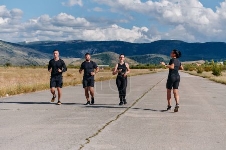 A professional athletic team as they train rigorously, running towards peak performance in preparation for an upcoming marathon. 