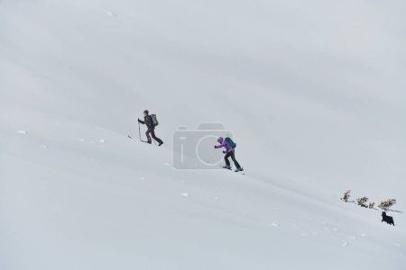 Un groupe d'alpinistes professionnels gravit un pic enneigé dangereux à l'aide d'équipements de pointe. 