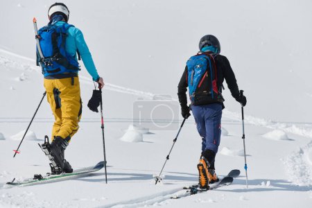 In a display of unwavering teamwork and determination, two professional skiers ascend the snow-capped peaks of the Alps, united in their quest for the summit. 