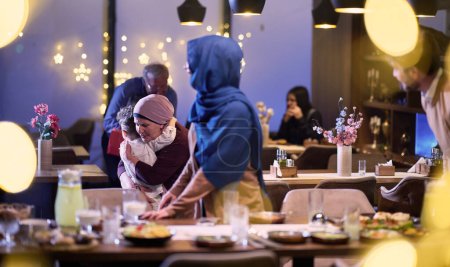 Grandparents arrive at their childrens and grandchildrens gathering for iftar in a restaurant during the holy month of Ramadan, bearing gifts and sharing cherished moments of love, unity, and