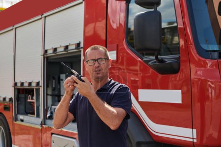 Un pompier dévoué, capturé dans un moment de communication, se tient devant un camion de pompiers moderne, montrant l'intégration transparente de la technologie dans l'intervention d'urgence. 