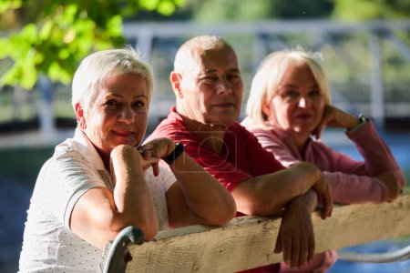Eine Gruppe älterer Menschen, darunter ein älterer Mann und zwei ältere Frauen, sitzt an einem sonnigen Herbsttag in einem Park und verkörpert das Konzept des gesunden Alterns durch Geselligkeit, Entspannung und Outdoor-Aktivitäten.