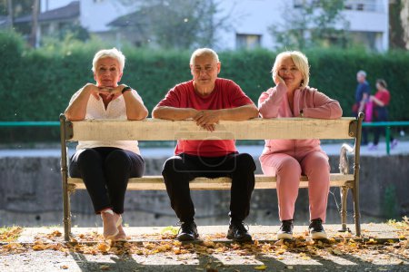 Eine Gruppe älterer Menschen, darunter ein älterer Mann und zwei ältere Frauen, sitzt an einem sonnigen Herbsttag in einem Park und verkörpert das Konzept des gesunden Alterns durch Geselligkeit, Entspannung und Outdoor-Aktivitäten.