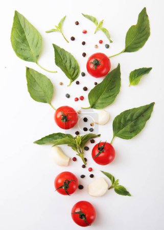 Téléchargez les photos : Tomates rouges mûres avec basilic, poivre et ail isolés sur fond blanc. Vue de dessus. Alimentation végétarienne. - en image libre de droit