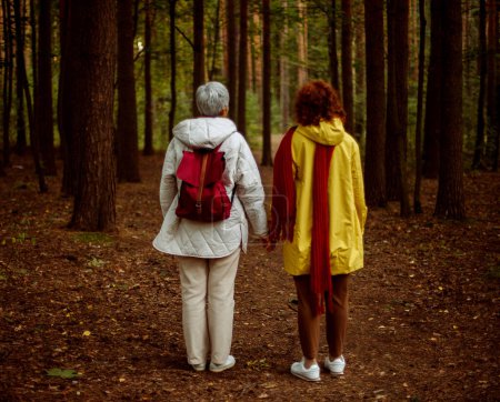 Foto de Dos viejas amigas caminando juntas por el bosque en otoño. Vista trasera. Concepto de estilo de vida. - Imagen libre de derechos