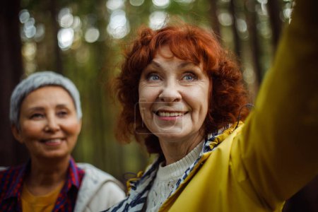 Téléchargez les photos : Femmes âgées multiraciales s'amuser pendant la journée de trekking dans le bois et faire du selfie avec smartphone. Concept de style de vie. - en image libre de droit
