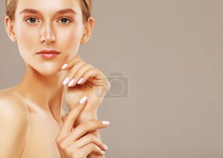 Photo for Beauty face woman natural healthy cosmetic skin pure sresh beautiful female happy smile portrait manicure hand - Royalty Free Image