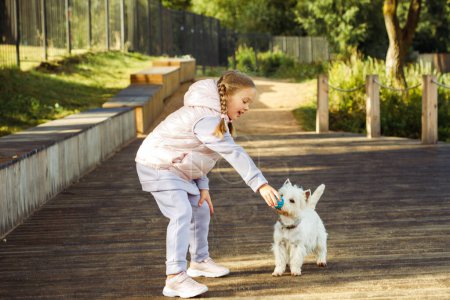 Téléchargez les photos : Petite fille avec des nattes joue avec un petit chien blanc et sourit joyeusement. Parc d'automne. Concept de style de vie. - en image libre de droit
