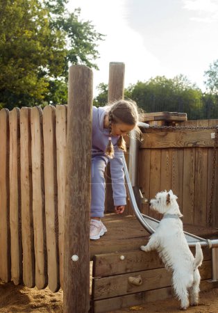 Foto de Amistad animal y concepto de infancia feliz. Una niña con coletas juega con un pequeño perro blanco y sonríe felizmente. - Imagen libre de derechos