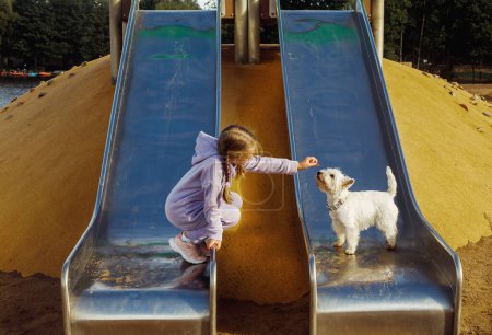 Photo for Seven-year-old blond girl playing in the playground with her white puppy, sunny summer day - Royalty Free Image