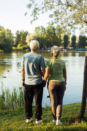 Photo for A retired couple by the lake admires the sunset on a summer day. View from the back. Golden age. Love and tenderness. - Royalty Free Image