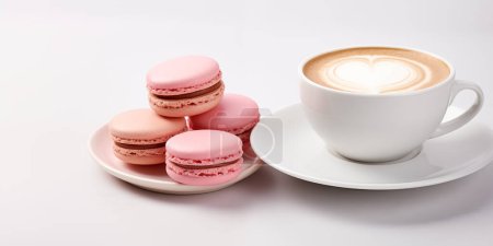 Téléchargez les photos : Bonjour ou Bonne journée concept de message - une tasse de café avec des macarons français colorés sur fond blanc. - en image libre de droit