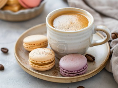 Téléchargez les photos : Une tasse de café et des macarons frais et colorés, gros plan - en image libre de droit