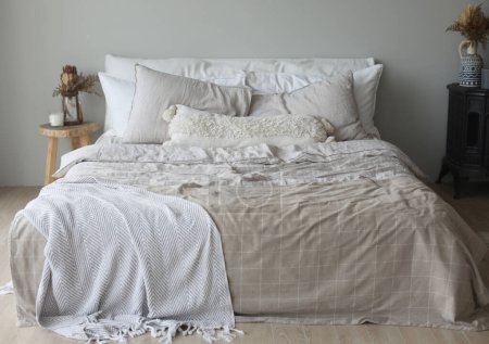 Photo for Interior of light room with big bed, white and clean - Royalty Free Image