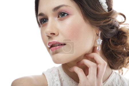Photo for Fashionable bride with gorgeous diadem. Studio portrait young female model over white background. - Royalty Free Image
