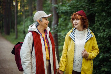 Vielrassige alte Frauen, die einen guten Tag im Wald haben. Lebensstil, Menschen und weibliches Freundschaftskonzept.