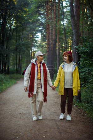 Vielrassige alte Frauen, die einen guten Tag im Wald haben. Lebensstil, Menschen und weibliches Freundschaftskonzept.