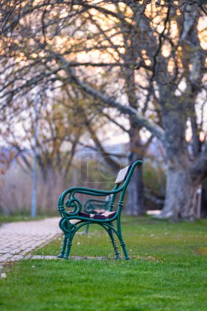 Photo for Empty bench in the autumn park in village Szigliget of Hungary. - Royalty Free Image