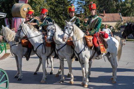 Foto de Desfile tradicional húngaro de cosecha el 16 de septiembre de 2023 en la aldea Tapolca-Diszel de Hungría. - Imagen libre de derechos
