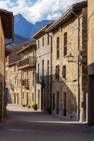 Beautiful old stone houses in Spanish ancient village Hostales den Bas in Catalonia of Spain