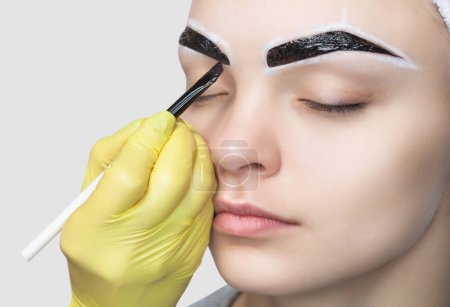 Téléchargez les photos : The make-up artist applies a paints eyebrow dye on the eyebrows of a young girl. Professional face care. - en image libre de droit