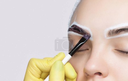 Téléchargez les photos : The make-up artist applies a paints eyebrow dye on the eyebrows of a young girl. Professional face care. - en image libre de droit
