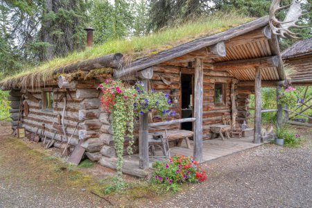 Téléchargez les photos : Ancienne cabane en bois rond de trappeur en Alaska - en image libre de droit