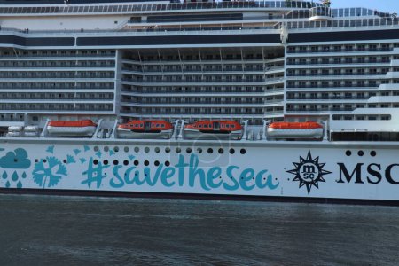 Photo for Velsen, the Netherlands - June 6th 2023: Euribia joined the MSC Cruises fleet in 2023. Detail of hull art, representing the dedication of MSC to the marine ecosystem with the hashtag safethesea - Royalty Free Image