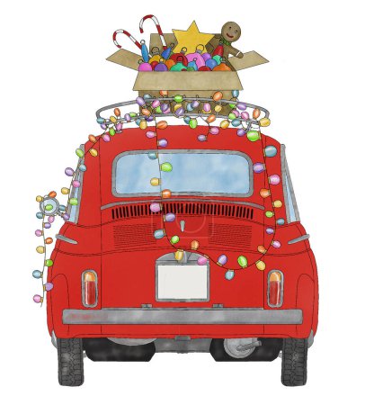 Photo for Handpainted Retro Fiat 500 with Christmas decorations on roof and string lights all over car - Royalty Free Image