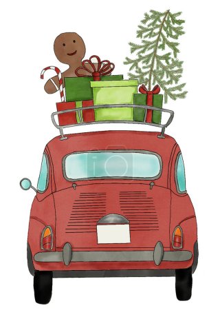 Photo for Handpainted Retro Fiat 500 with Christmas gifts on roof - Royalty Free Image